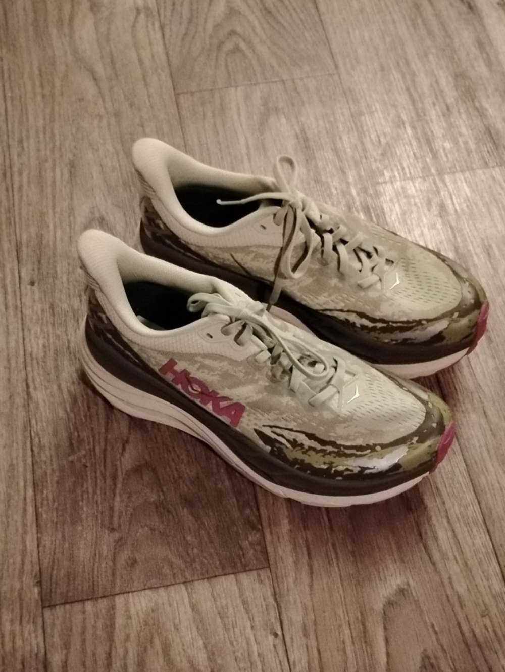 Hoka Women's Pale Green Running Shoes with Pink Logo